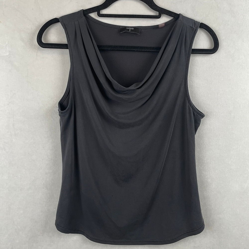 Tahari T Black Cowl Neck Sleeveless Top Draped Pleated Shoulder Tank Soft Goth S